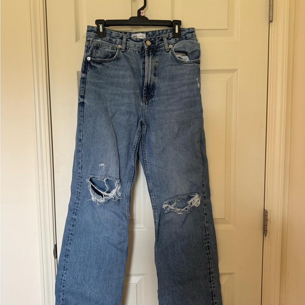 Zara Blue Boyfriend Jeans Distressed Relaxed Fit
